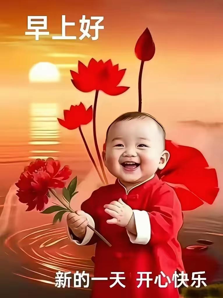 新的一天到，
幸福多欢笑。
一声早上好，
烦恼全抛掉。