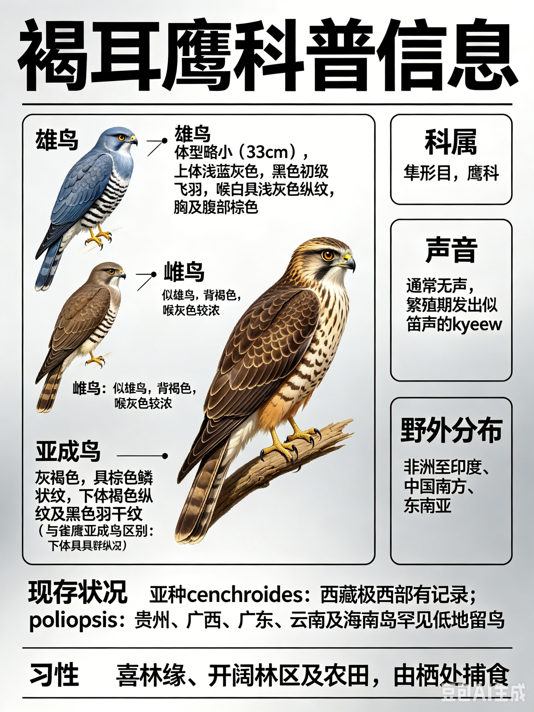 鸟类朋友图鉴 褐耳鹰·科属：隼形目，鹰科。·外形特征：体型略小（33cm）、色彩