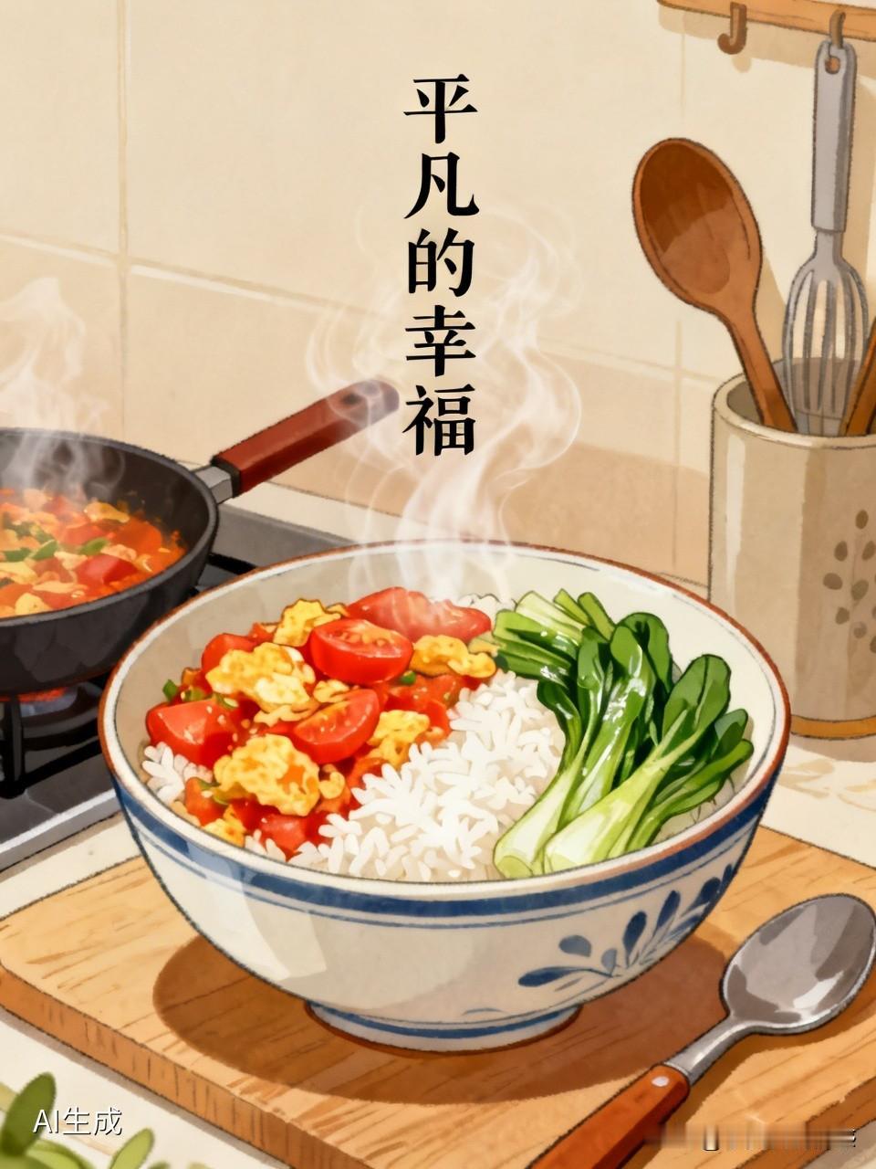 番茄炒蛋酸甜入味，清炒油麦菜清爽解腻，再配上一碗香喷喷的杂粮米饭。
 
没有复杂