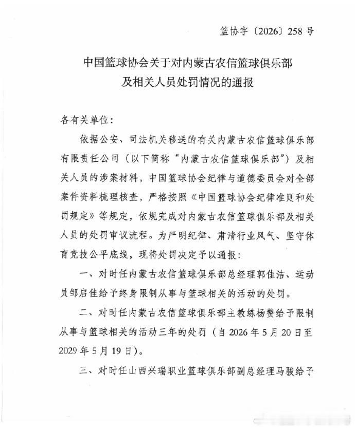 2026年5月20日，中国篮协针对内蒙古女篮（原内蒙古农信女篮）开出重磅罚单，此