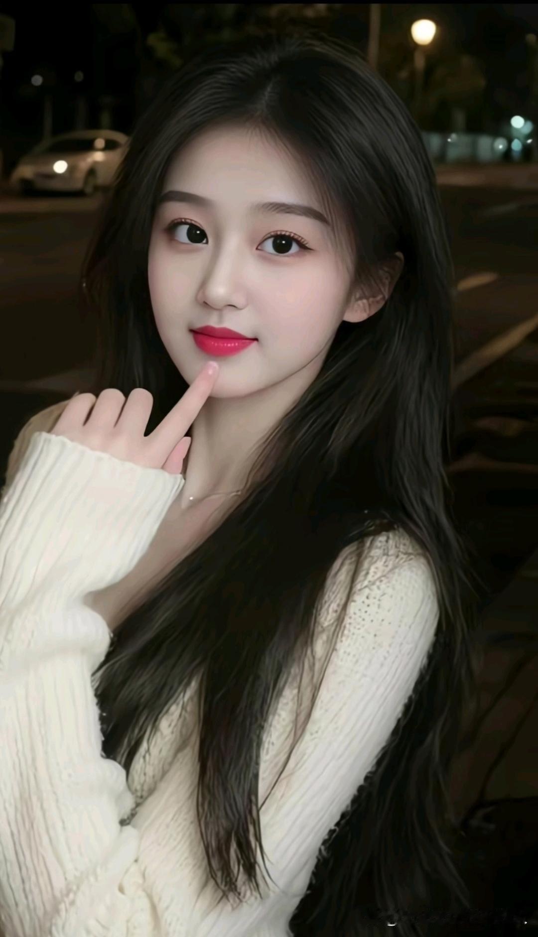夜晚街头的甜美少女，红唇轻启，指尖轻触，散发迷人魅力。