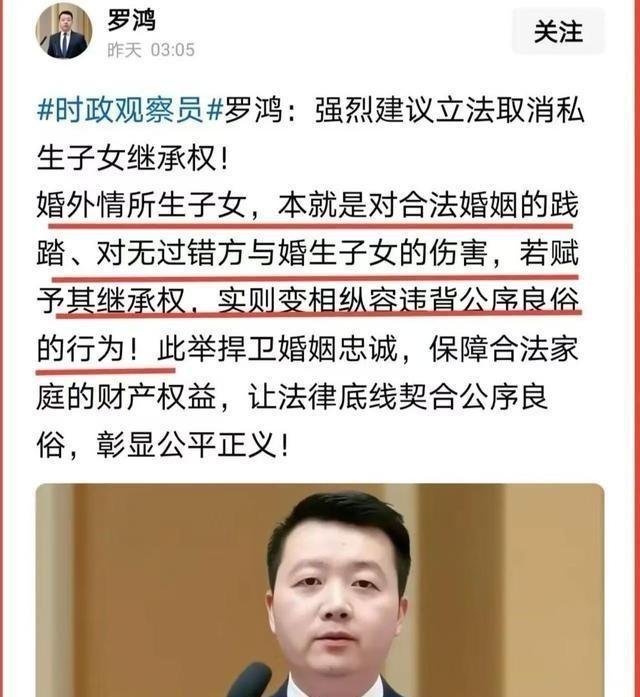 专家罗鸿提了个建议，直接捅了马蜂窝！罗鸿："强烈建议取消私生子女的继承权！搞婚外