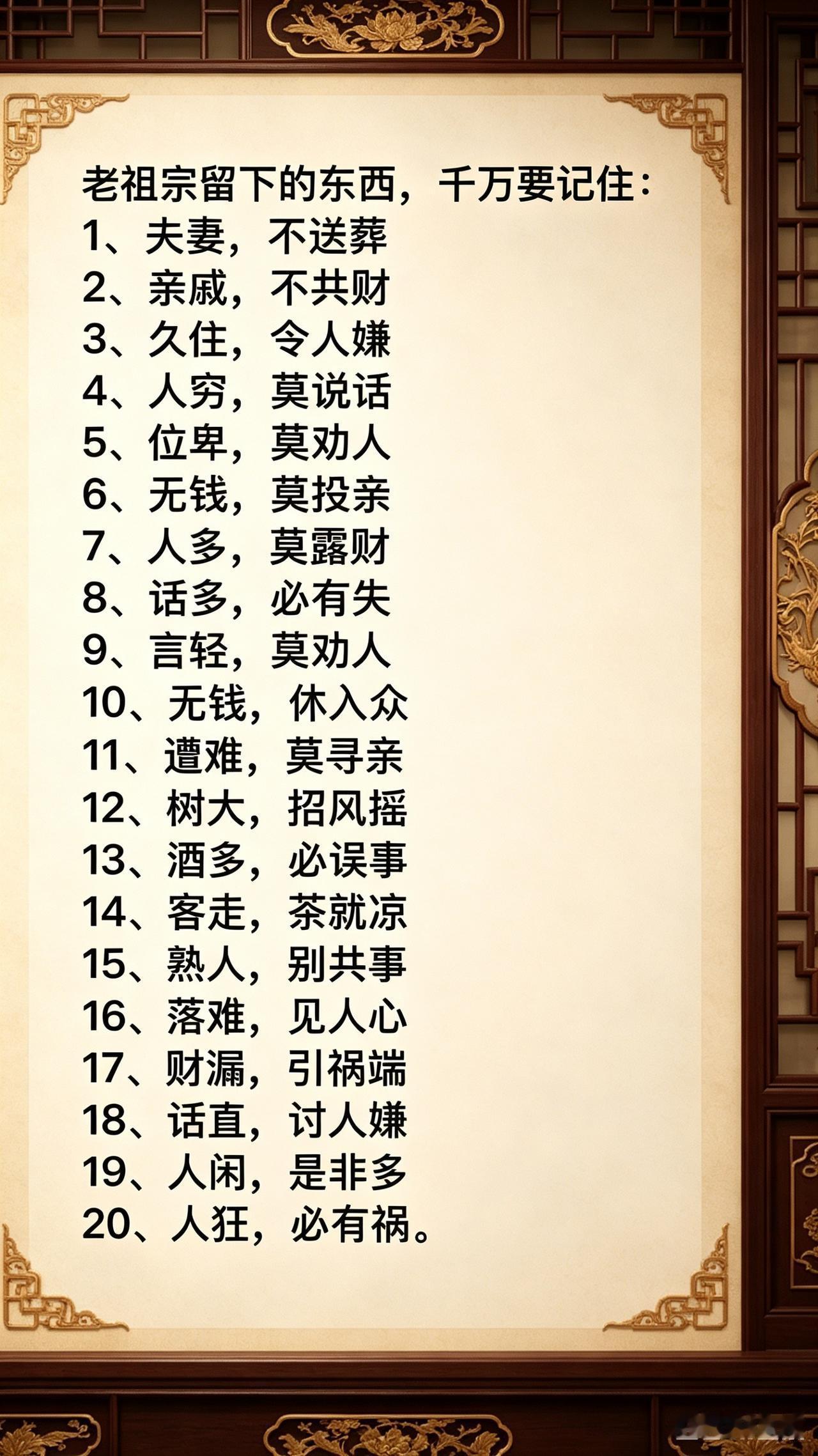 老祖宗留下的东西，句句是“真理”！
1、夫妻，不送葬
2、亲戚，不共财
3、久住
