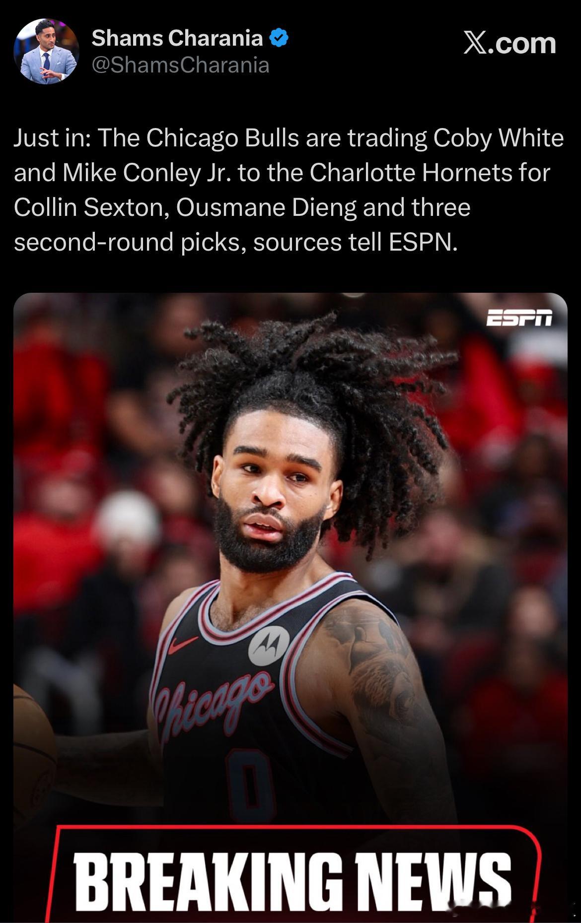 Shams：公牛将科比-怀特和康利交易至黄蜂，换来塞克斯顿、迪昂和三个次轮选秀权