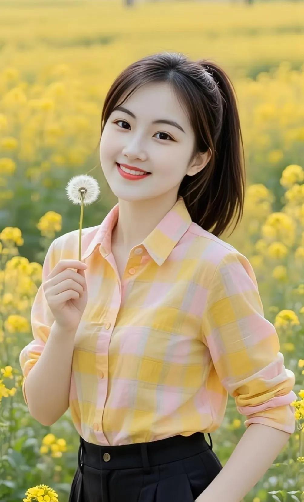 春日少女，轻纱衬衫，微笑在花海粉衬衫女孩