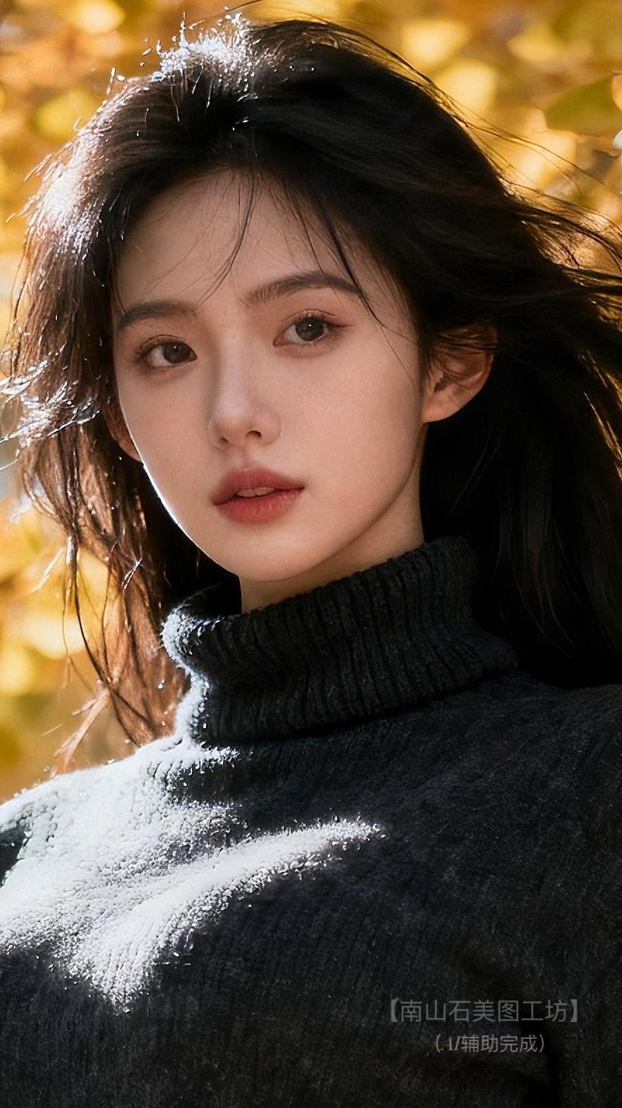 暖秋鎏金中，她裹着深灰毛衣似绵柔云团，墨发随秋风翩然起舞，眼波漾着星河流光。发丝