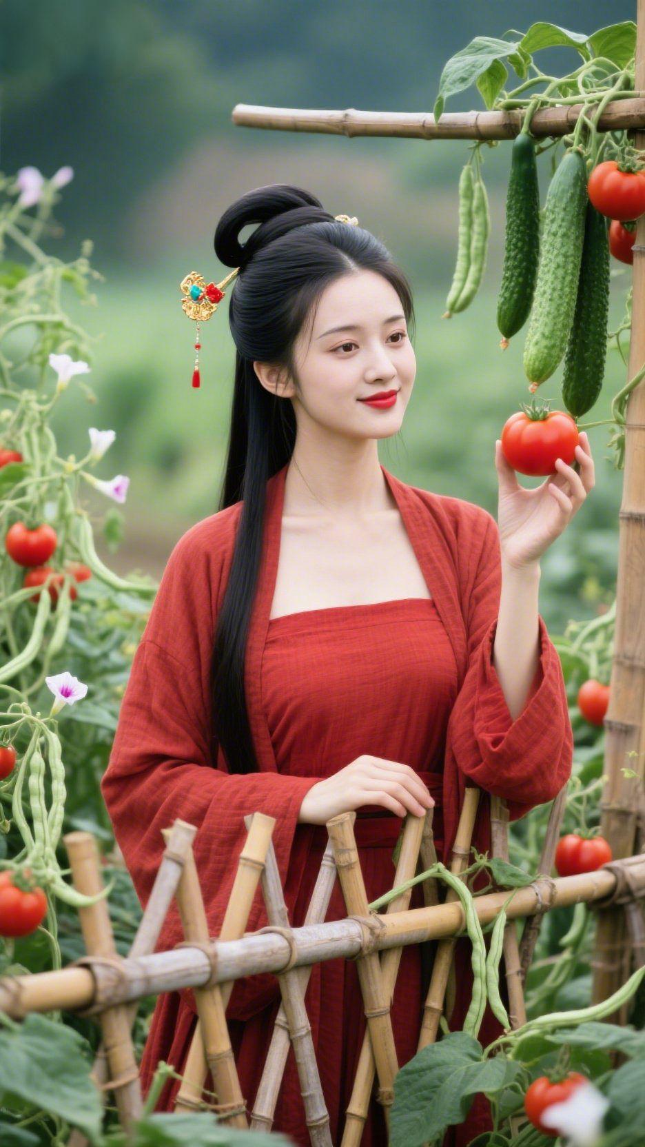 田园晴日果蔬香
 
竹篱边藤蔓舒展，晨露轻凝在叶尖，嫩豆角垂着浅绿软条，青瓜缀在