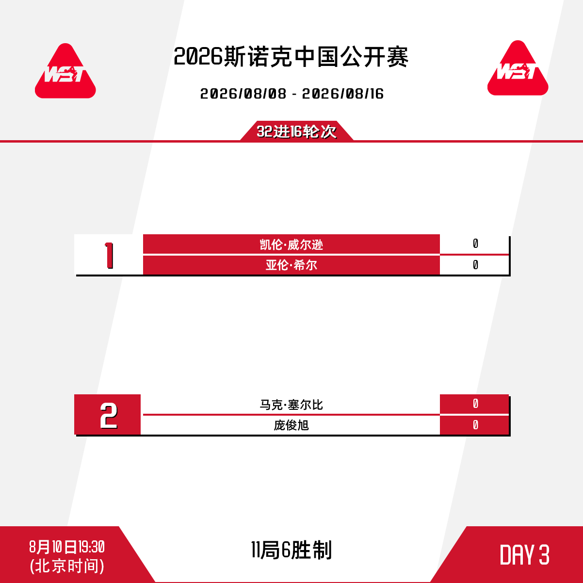 2026斯诺克中国公开赛 第三比赛日赛程安排如下：、北京时间14:00，常冰玉迎