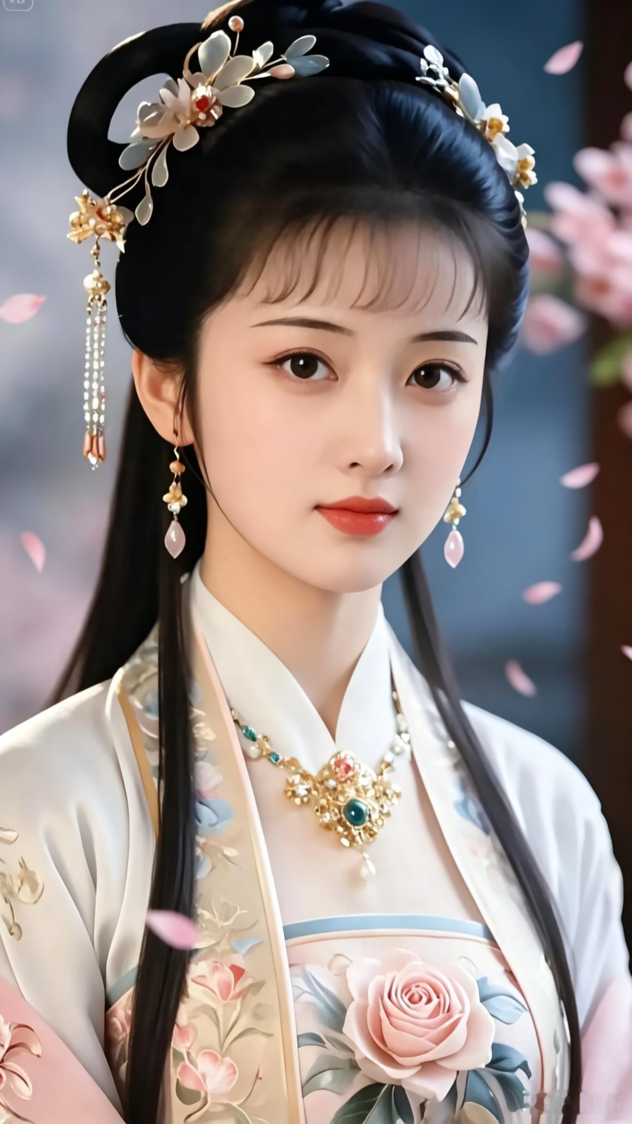 珠钗微颤鬓云柔，眼波流转意凝眸。
粉瓣飘飞落肩头，柔光轻染玉颜羞。
罗衣绣绽花千