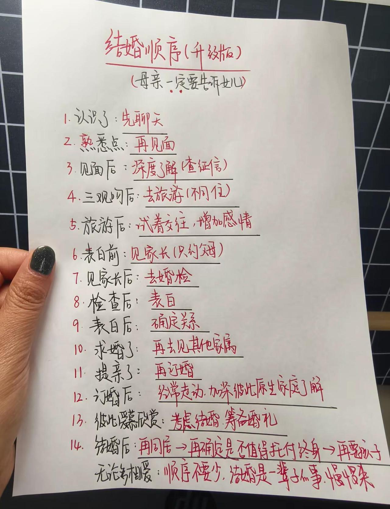 结婚顺序（母亲一定要告诉女儿）1.认识了：先聊天2.熟悉点：再见面3.见面后：深