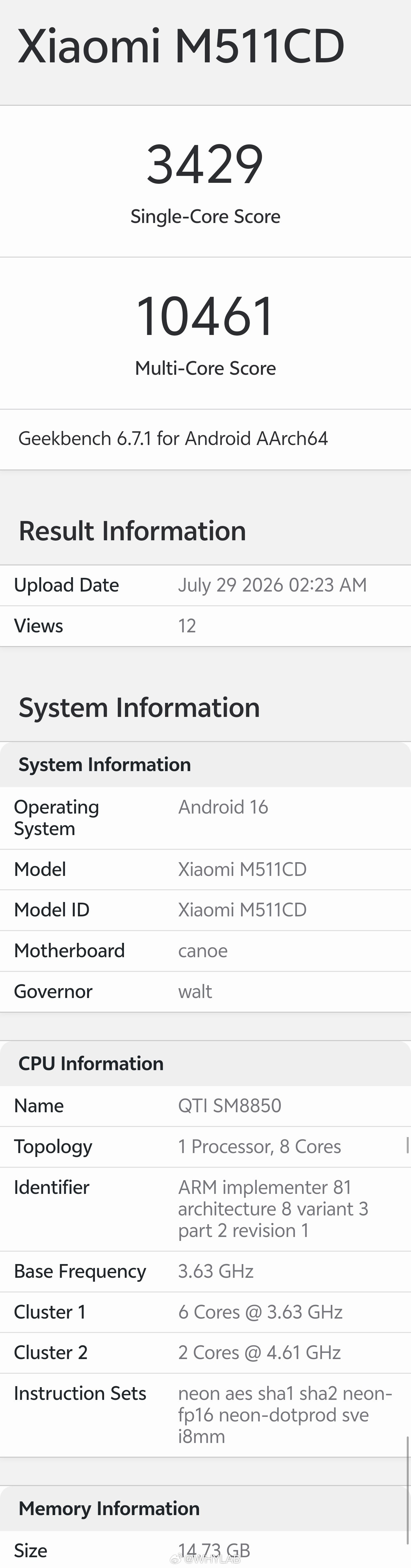 REDMI K100 Pro 现身 Geekbench 6，型号 M511CD，