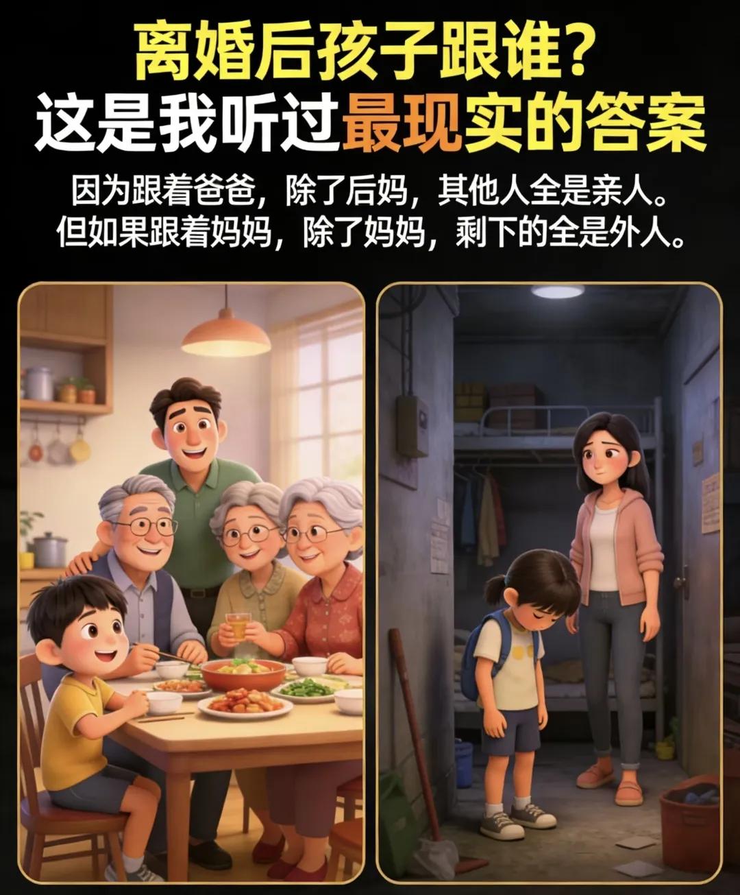 离婚后，跟着妈妈，全是外人。跟着爸爸，全是亲人。哪来的谬论？哪里真实？

对于离