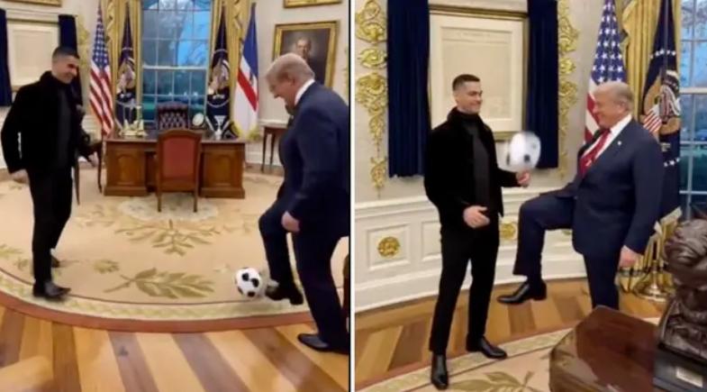 特朗普和葡萄牙球星罗纳尔多在狭小的椭圆形办公室踢上了足球，并且79岁高龄的特朗普