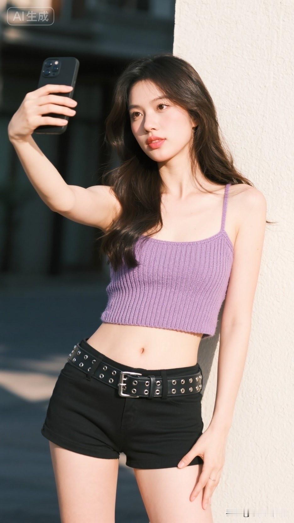 元气少女自拍指南📸 紫色背心+黑色短裤，活力满满！