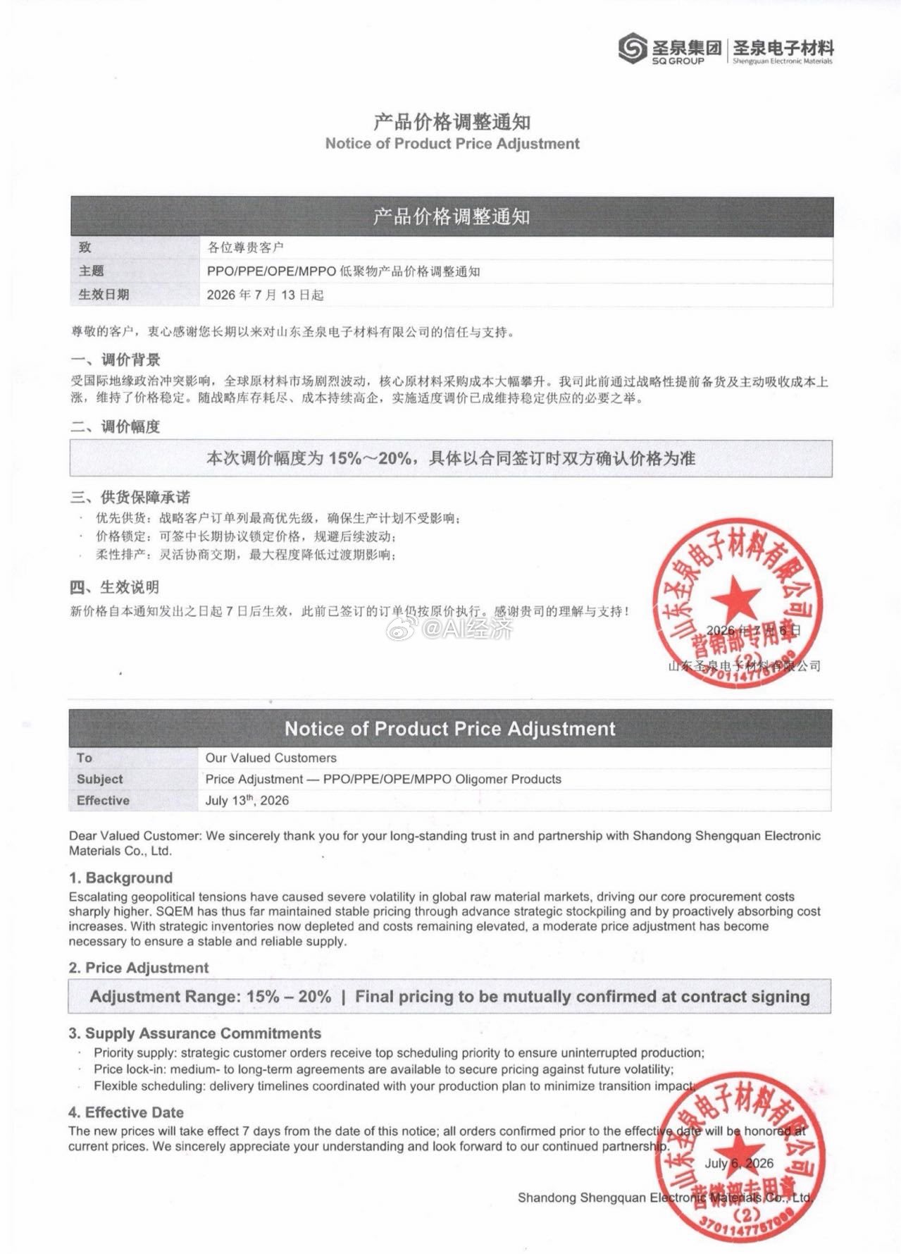 上游材料：电子材料ppe ppo等涨价via：曹山石广西抗洪