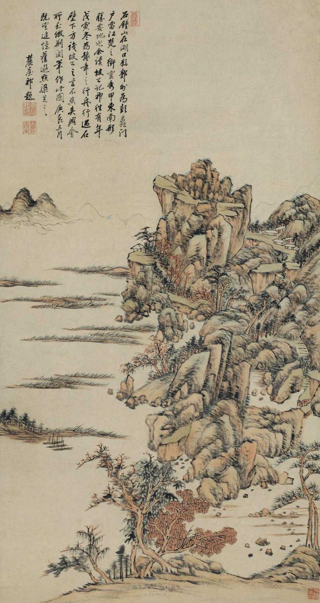 清 王原祁《石钟山秀》，纸本 87.5×46 cm。款识：石钟山在湖口县，郭外为