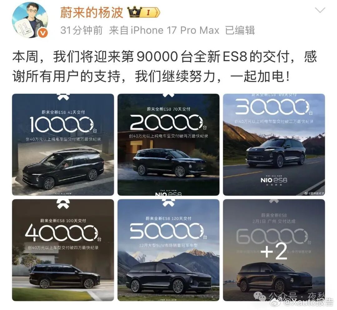 蔚来全新ES8即将迎来第9万台交付 3月31日,蔚来的杨波发布预告,本周蔚来全新