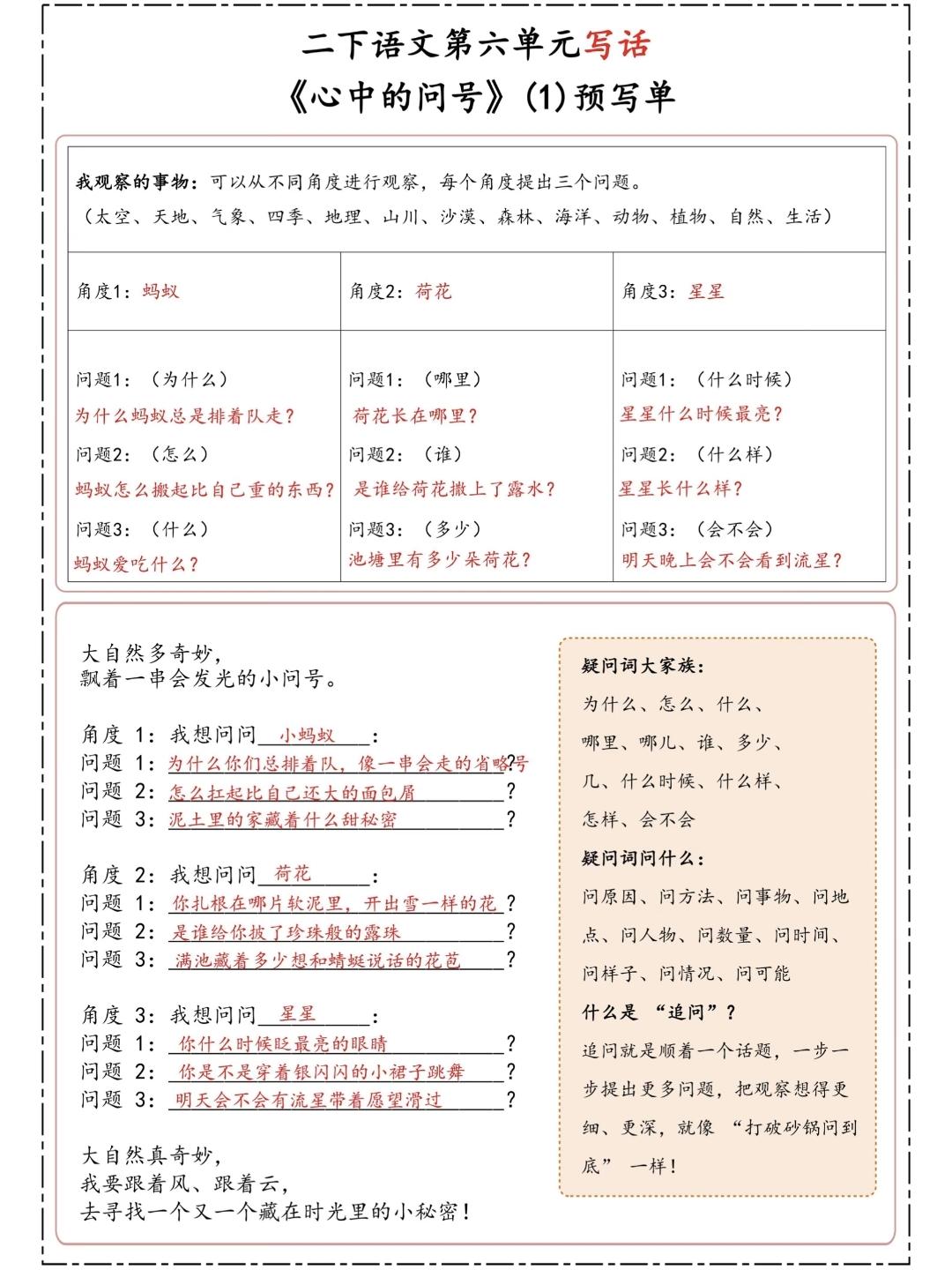 二年级语文下册，第六单元写话《心中的问号》小练笔，收藏参考学习二年级语文