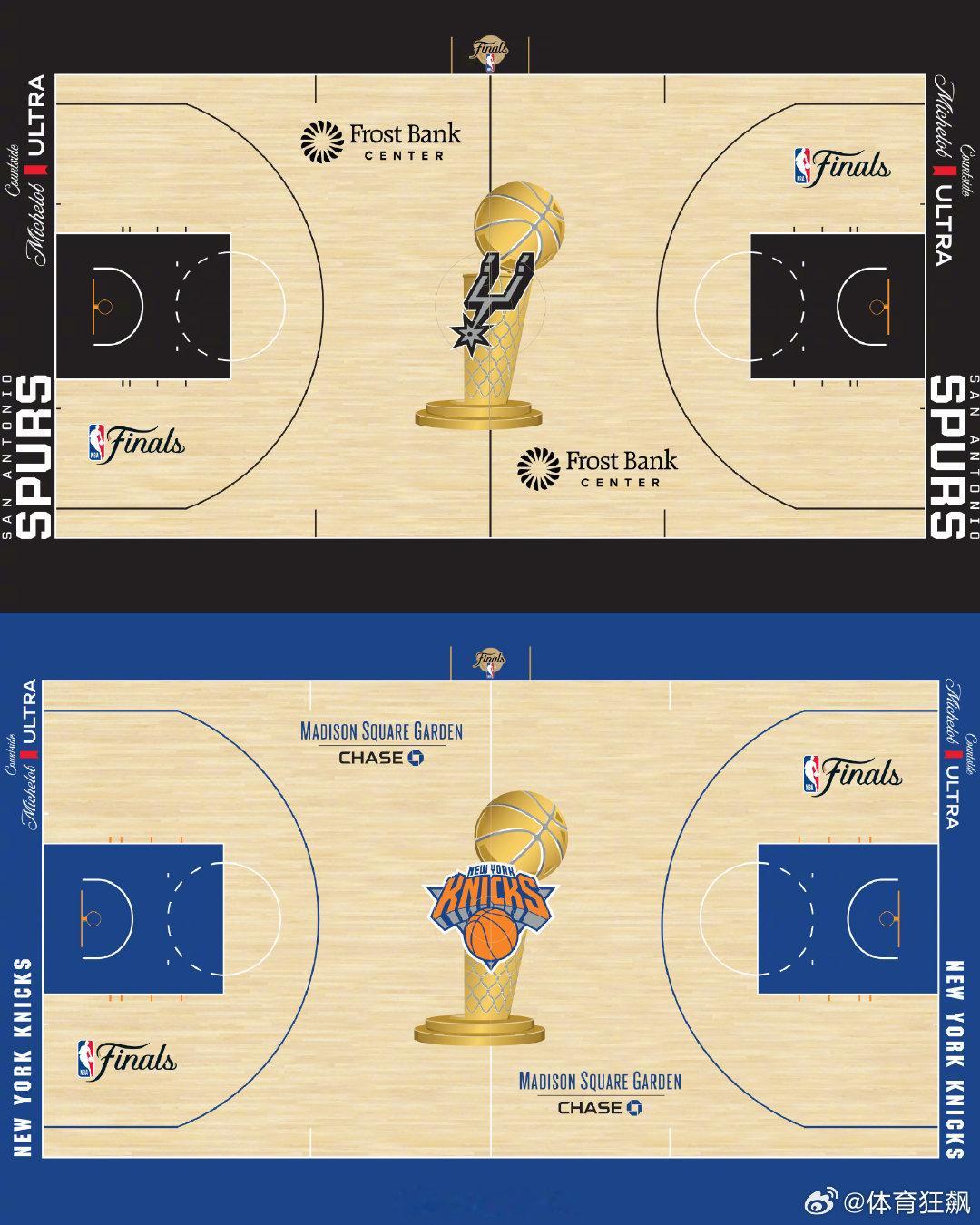 NBA总决赛地板有那味儿了 NBA总决赛开赛在即，官方晒出马刺&尼克斯主场地板涂