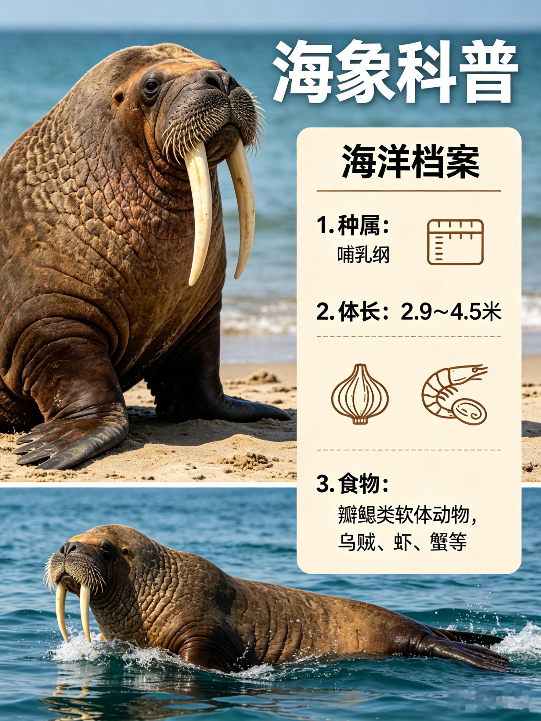 海洋朋友圈 海象海洋档案种　属：哺乳纲体　长：2.9～4.5米食　物：瓣鳃类软体