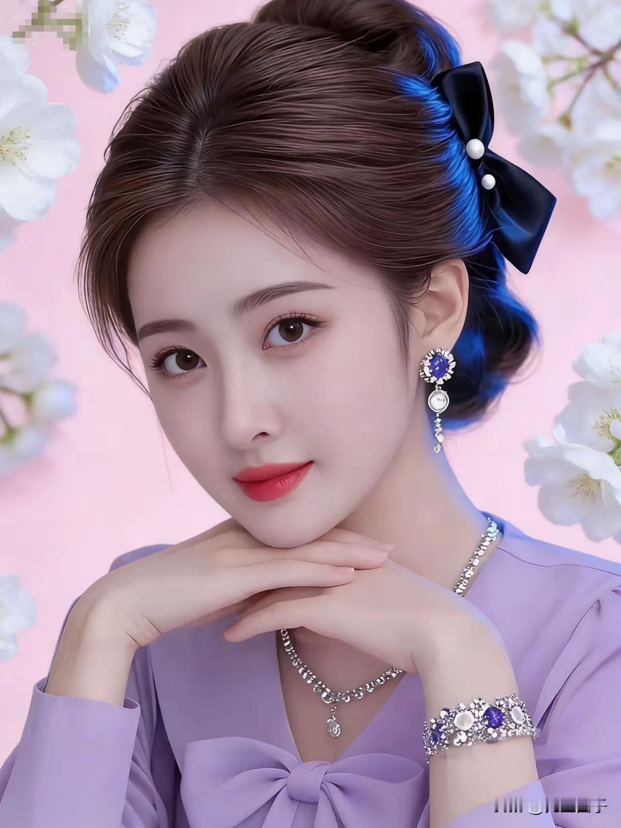 温柔甜美的春日穿搭，粉色花朵背景，优雅珠宝配饰。