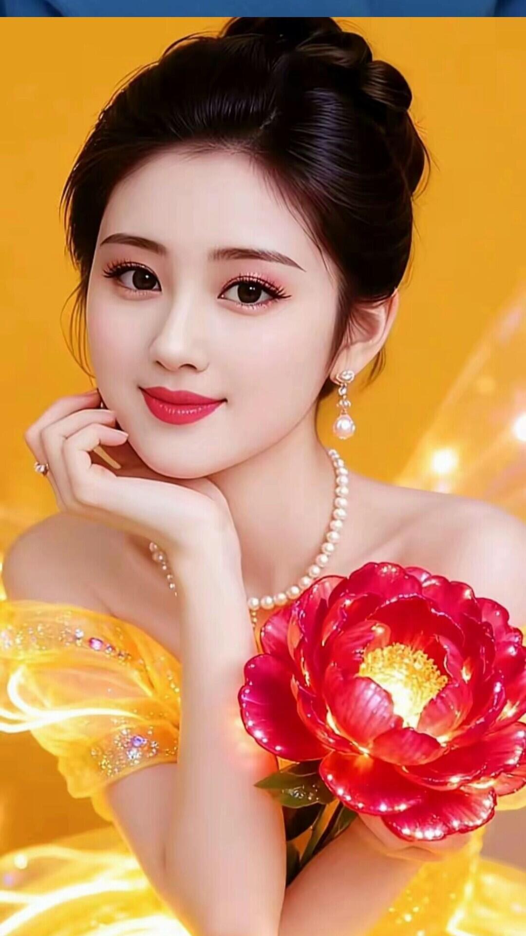 优雅红妆，惊艳绽放，珍珠与红花的完美搭配，尽显东方古典美！🌸✨