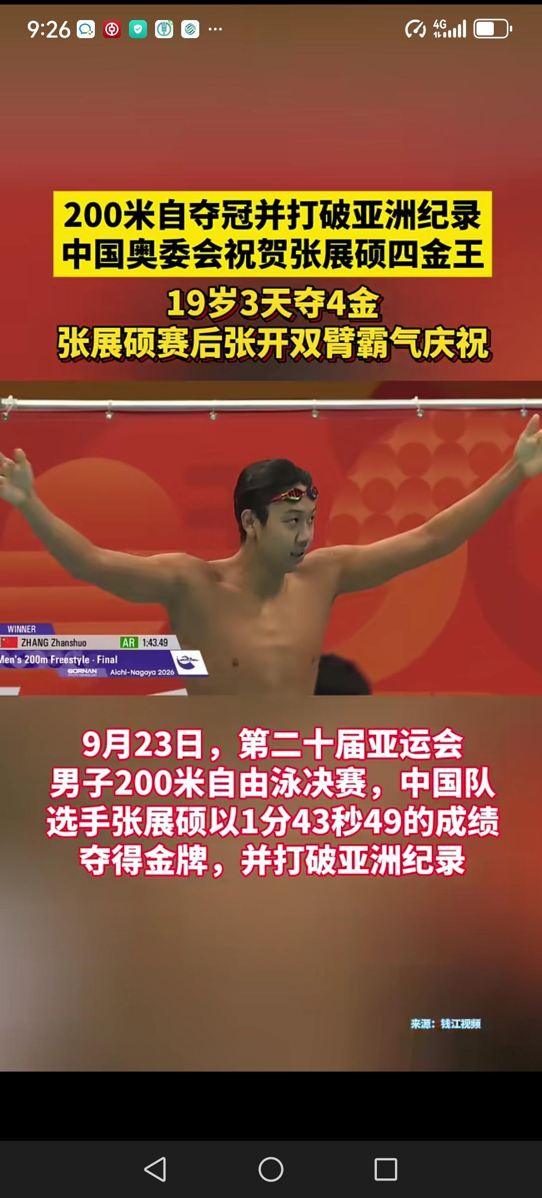 青岛19岁小伙张展硕首次参加亚运会就赢得7枚金牌，是本届亚运会夺金最多的游泳运动