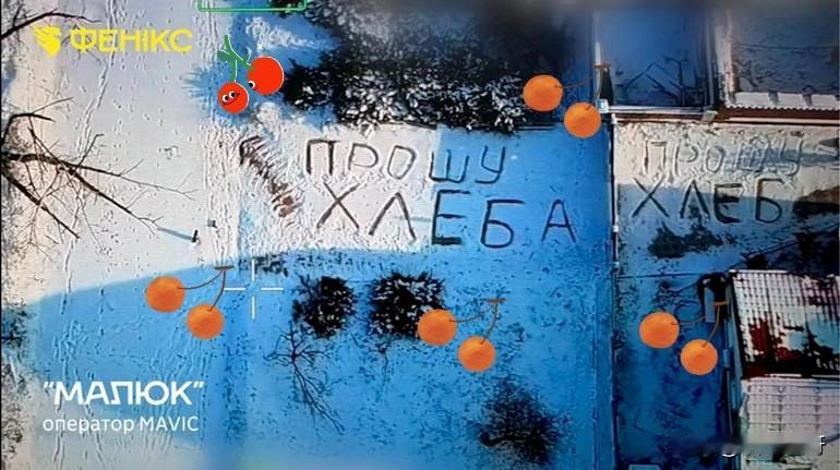 乌克兰科斯蒂安蒂尼夫卡地区，大雪覆盖着地面。一位老妇人在雪地里写着：“请给我面包