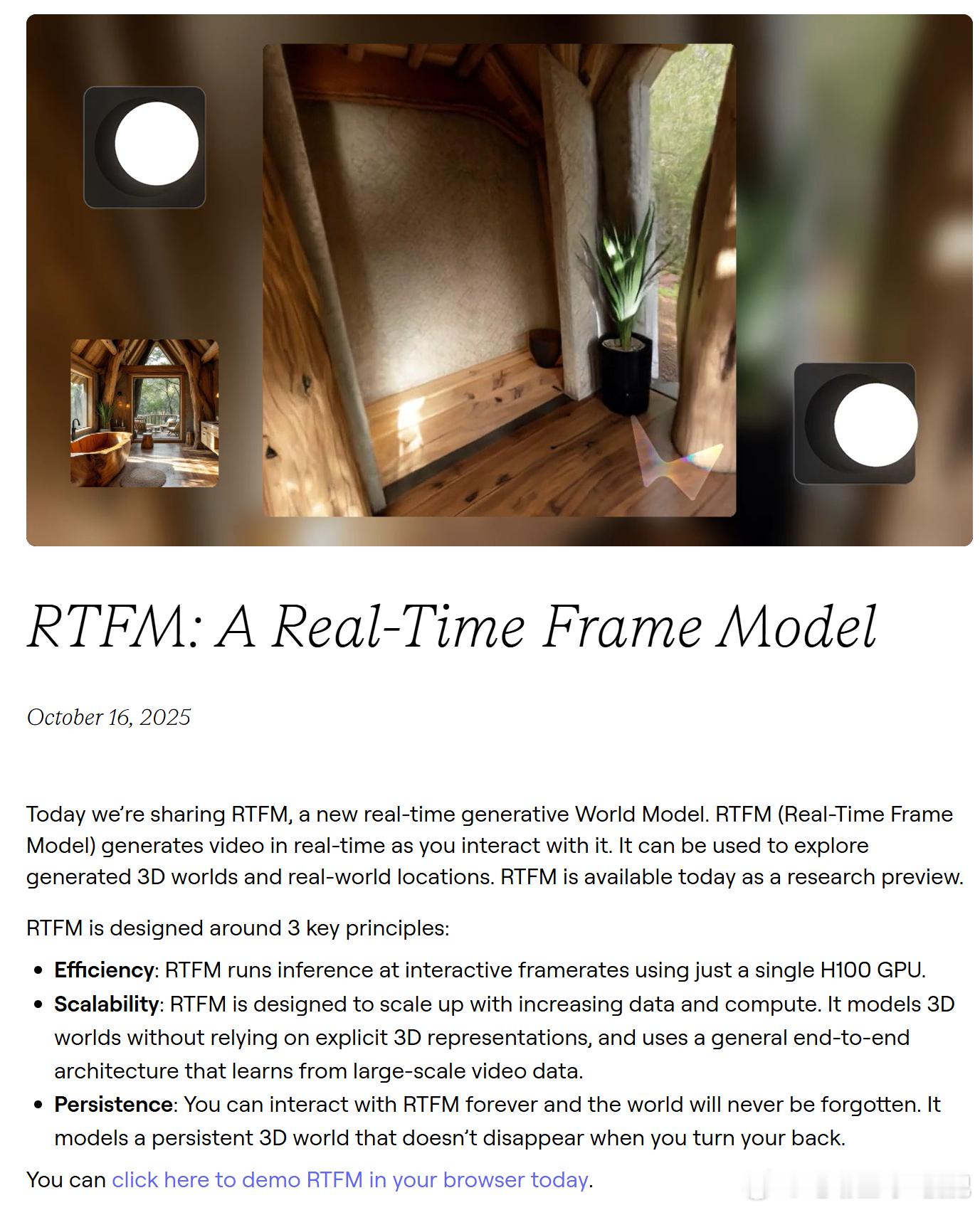 教母李飞飞的RTFM世界模型来了，号称「单张H100的算力即可满足交互帧速率的推