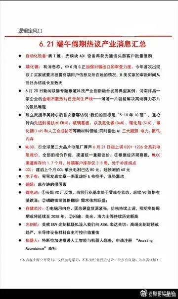 6.22周一  盘前：财经热点信息参考！1.光模块+磷化铟2.金刚石散热3.ML