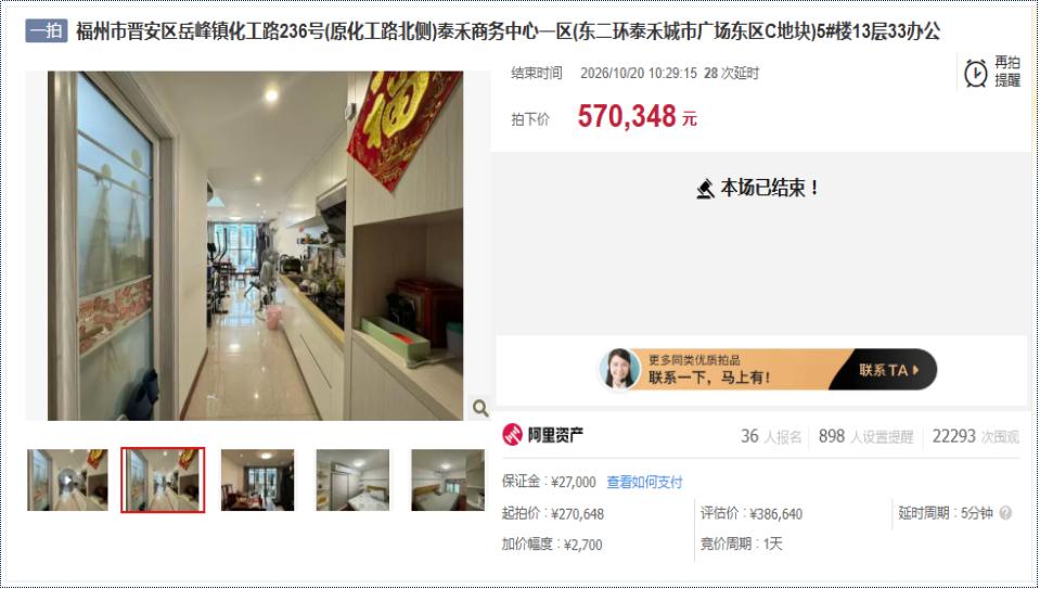 近日，阿里法拍平台成交了东二环泰禾广场一套42.96㎡公寓，27万起拍，吸引36