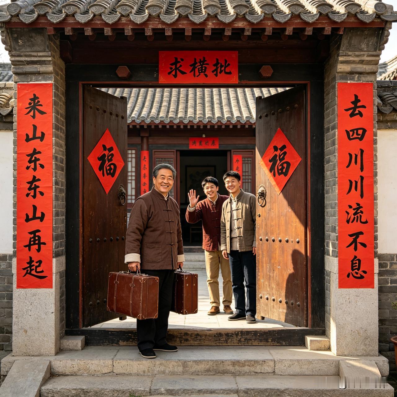 上联“来山东东山再起”藏着拼搏奋进的劲儿，下联“去四川川流不息”透着往来兴旺的气