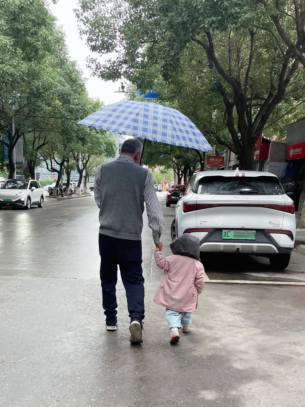 雨中拾景，祖孙温馨画面。
下雨天，爷爷要抱孙子。
“爷爷，我会走，不要抱。”
“