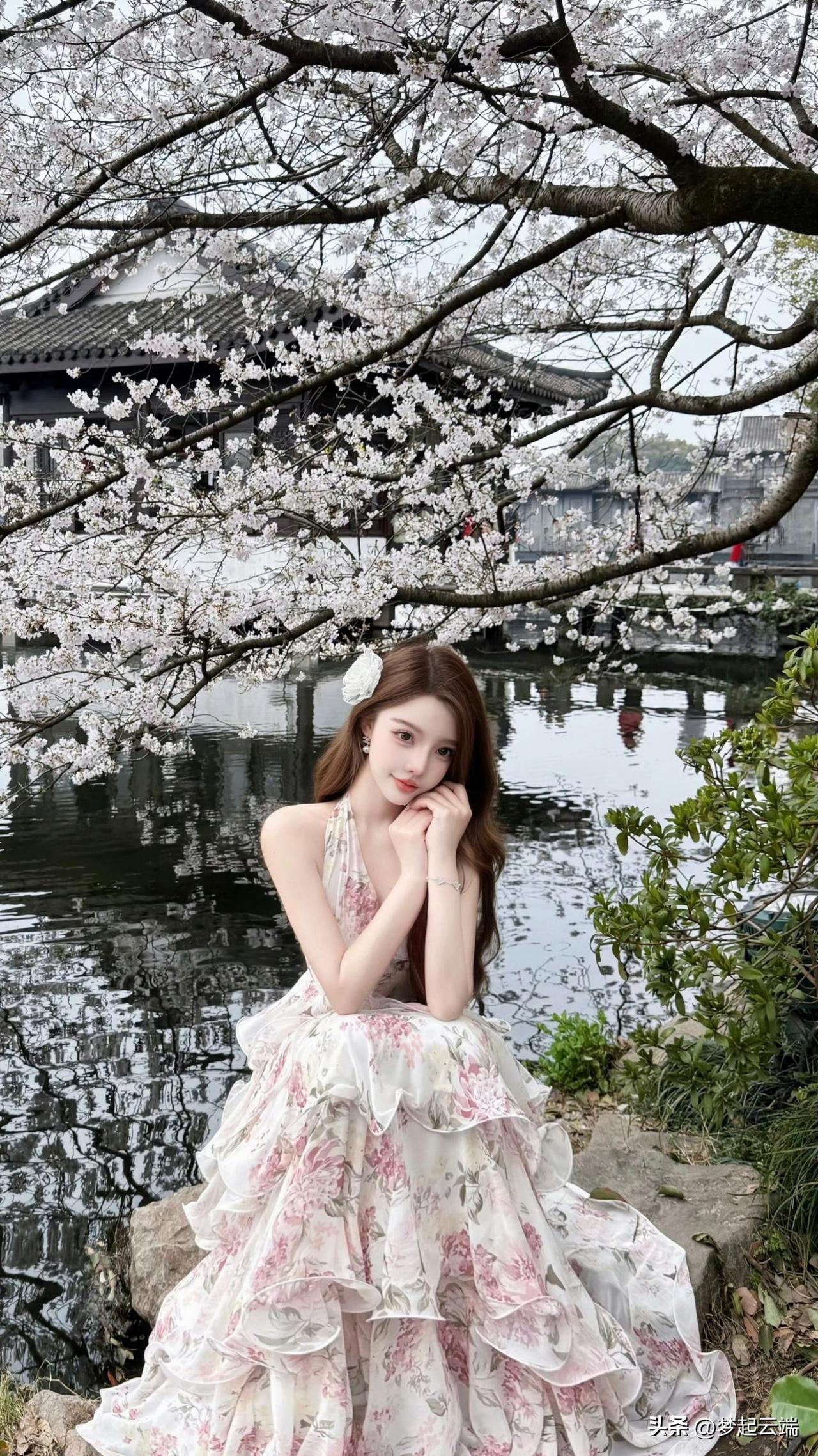 樱花树下，优雅少女，静谧时光。