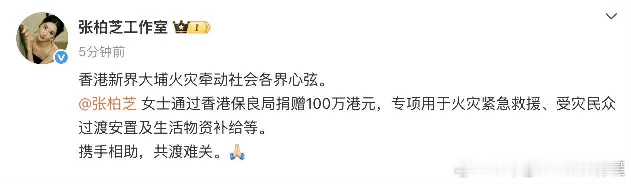 张柏芝为香港捐赠100万元张柏芝为香港捐款100万港元张柏芝为香港火灾捐赠100