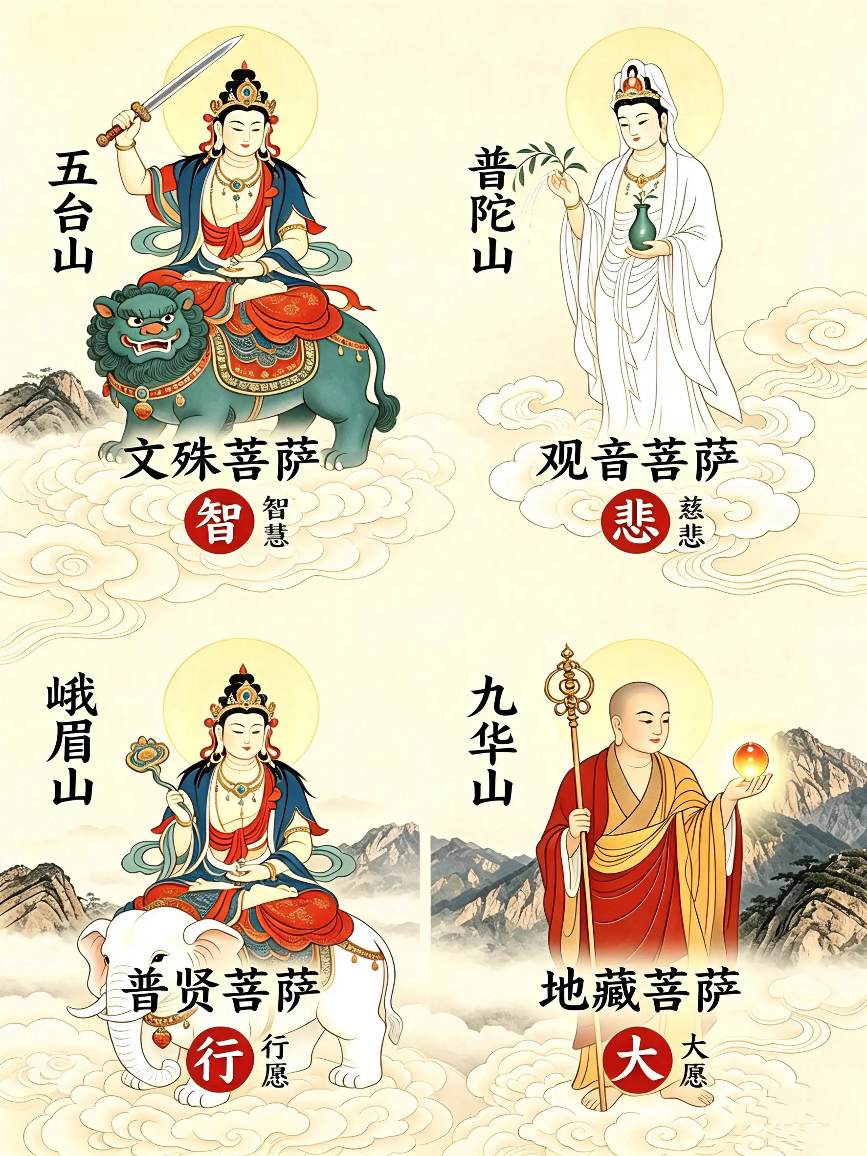 地藏菩萨是你脚下的善 观音菩萨是你心中的悲 文殊菩萨是你脑中的光 普贤...