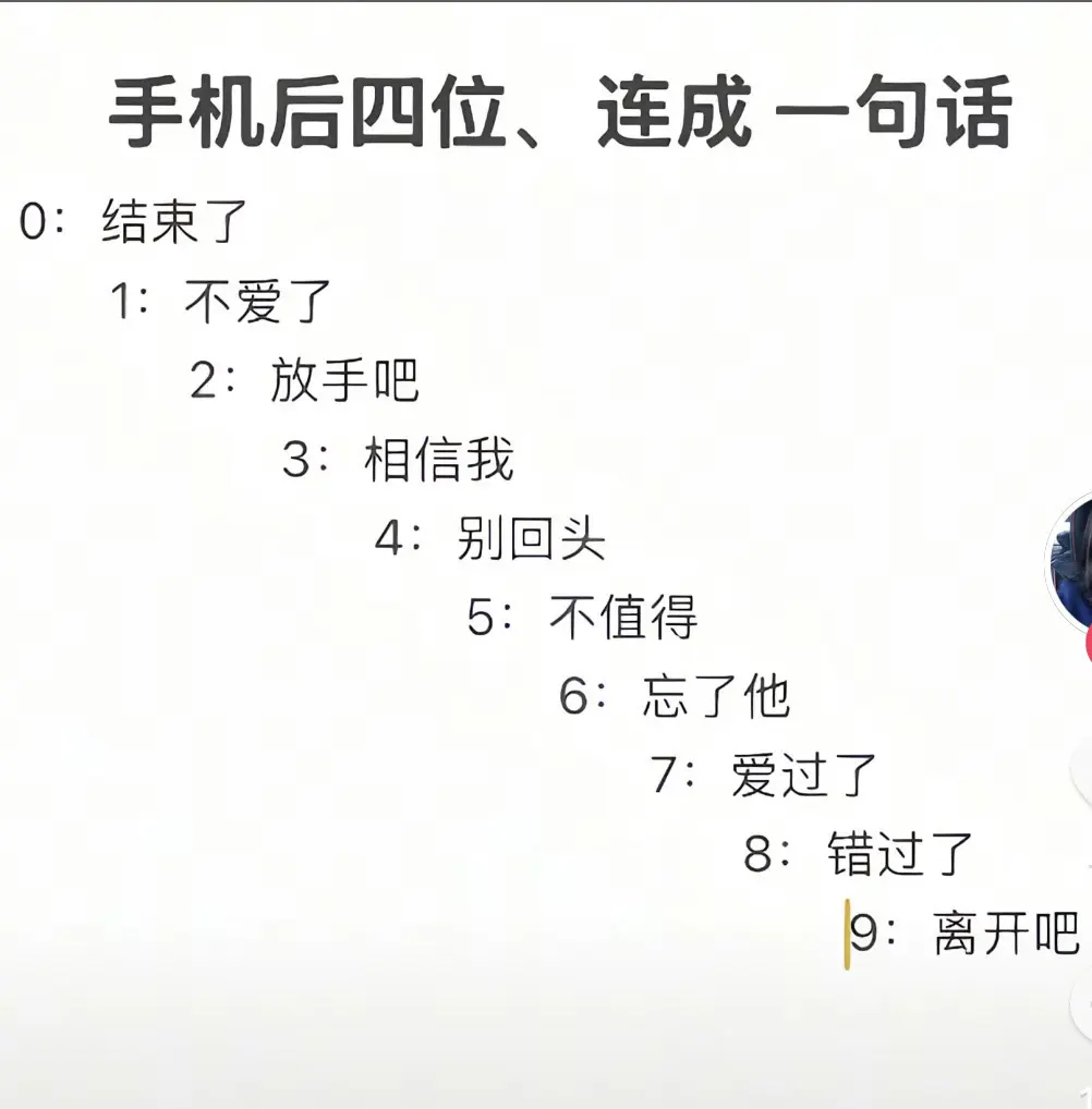 把你们尾号四位数打出来看看是什么，我的是错过了 相信我  别回头  结束了