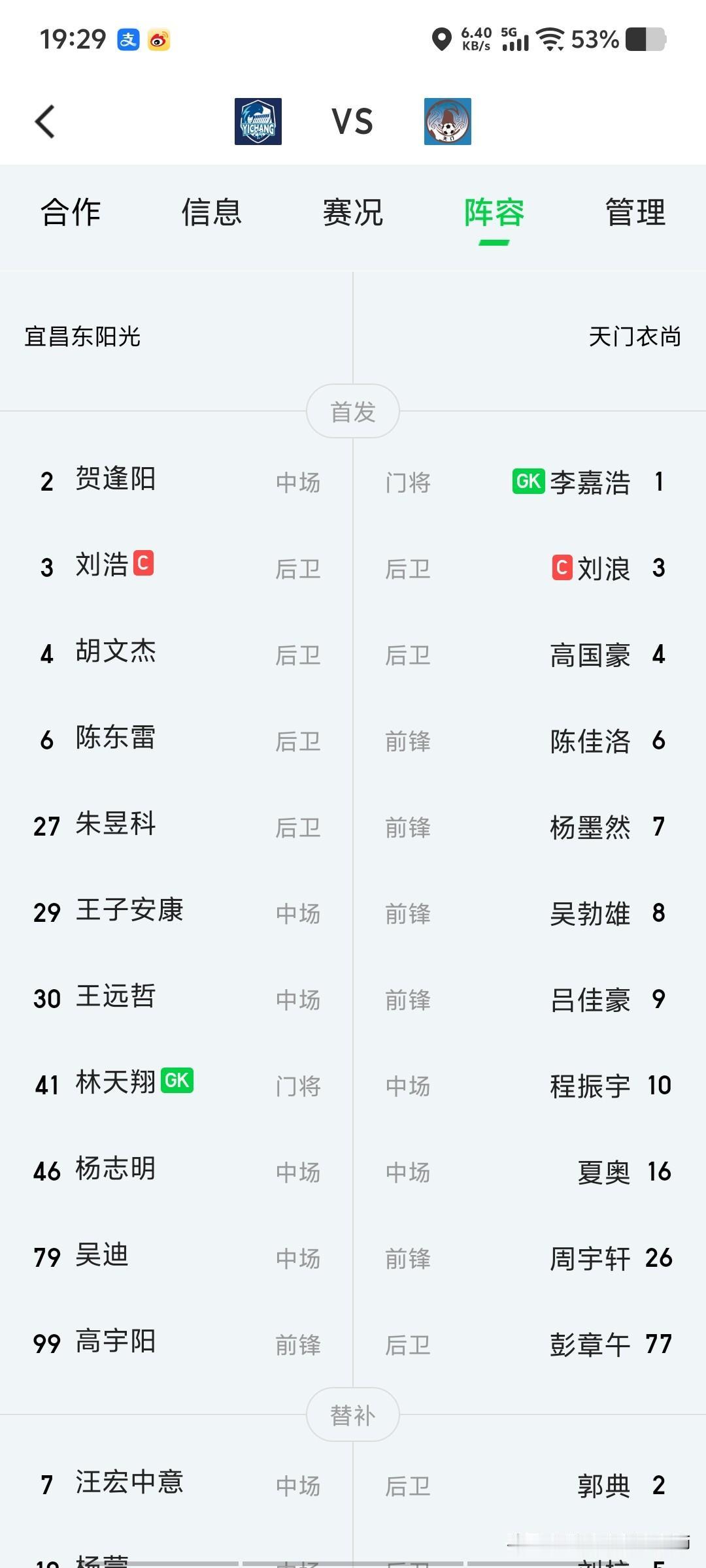 宜昌VS天门首发阵容出炉！

2026年7月25日周六晚20点，湖北省城市足球联