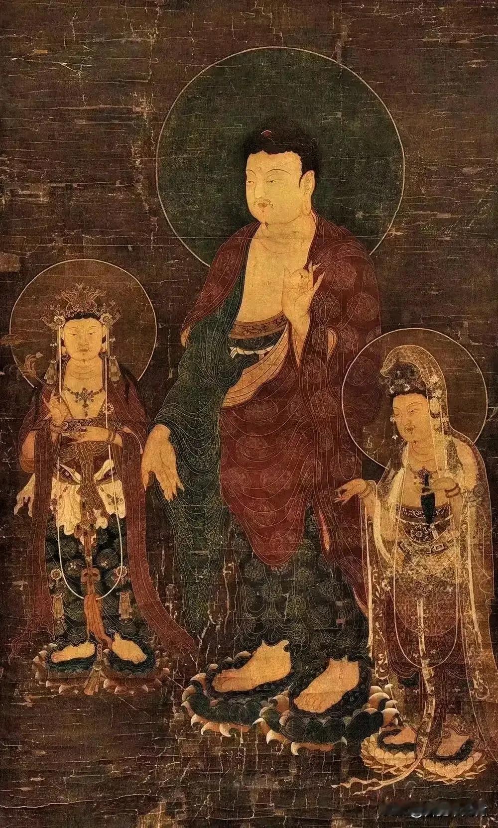 古佛画｜阿弥陀三尊来迎图
这是一幅宋元时期的阿弥陀三尊来迎绢本佛画。
 
阿弥陀