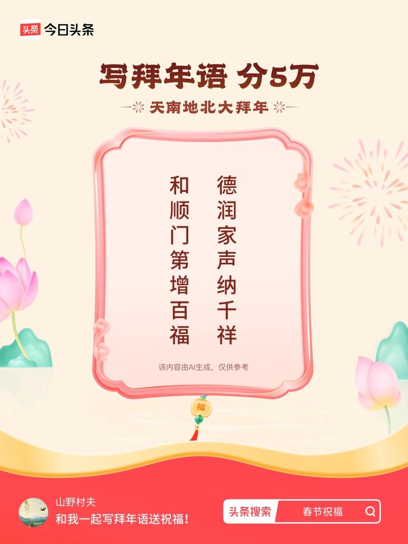 写拜年语送祝福新春拜年送祝福！我的祝福是：“和顺门第增百福，德润家声纳千祥”！快