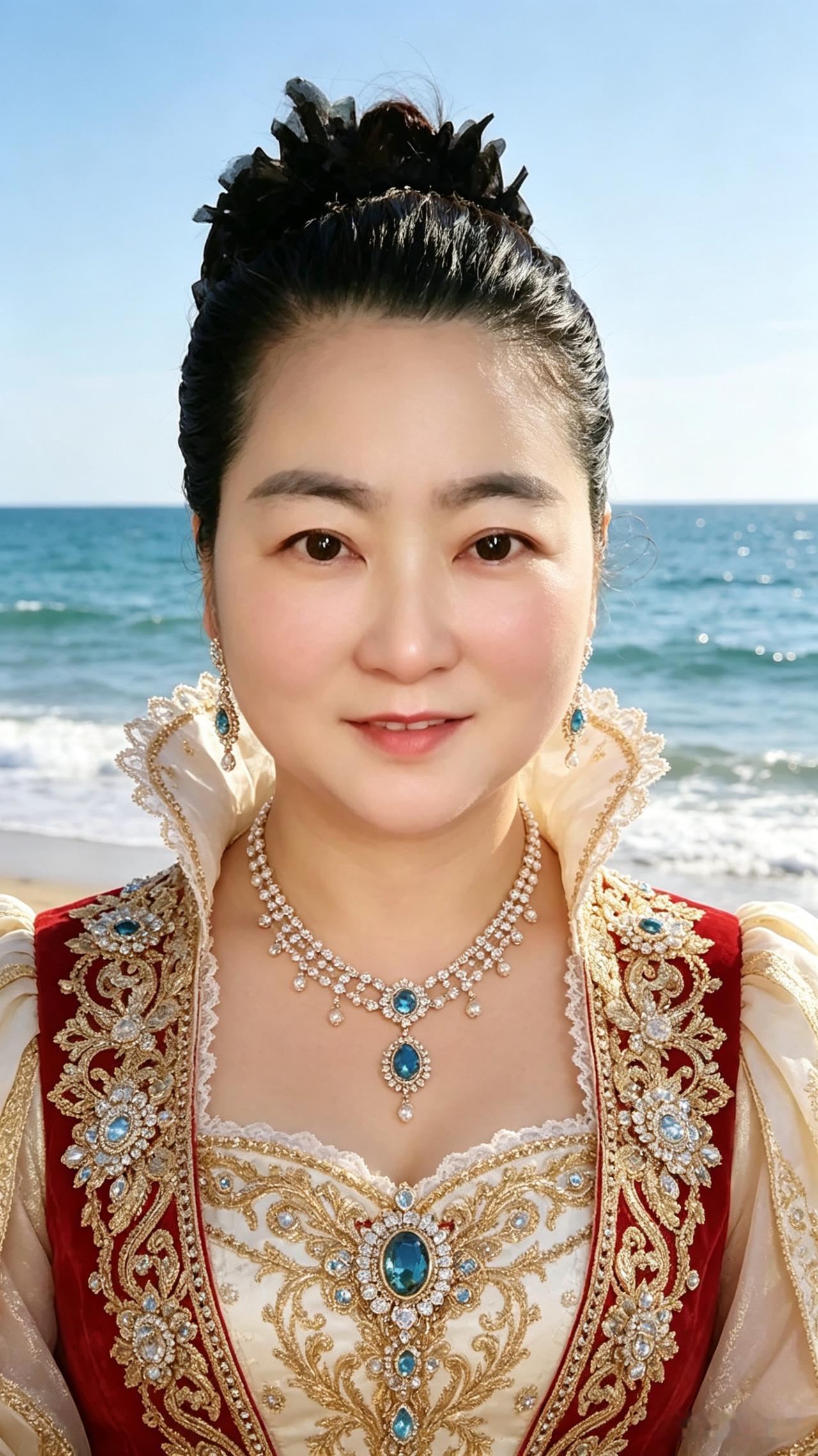 精致姐姐立于海边，周身装扮尽显贵气。一条金链子，衬得她落落大方；一缕海风，拂出她