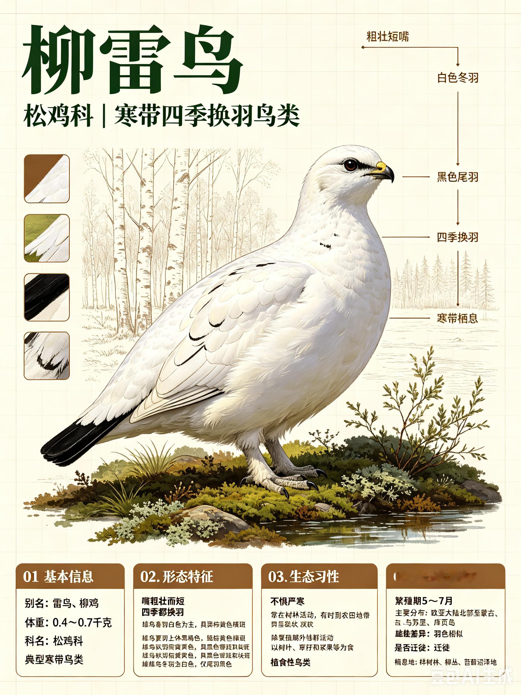 鸟类朋友图鉴 柳雷鸟科名：松鸡科体重：0.4～0.7千克别名：雷鸟、柳鸡柳雷鸟的