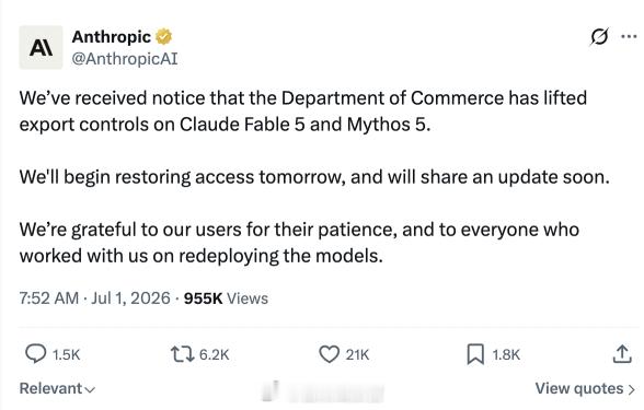 Anthropic称：- 已收到通知，美国商务部解除对 Claude Fable