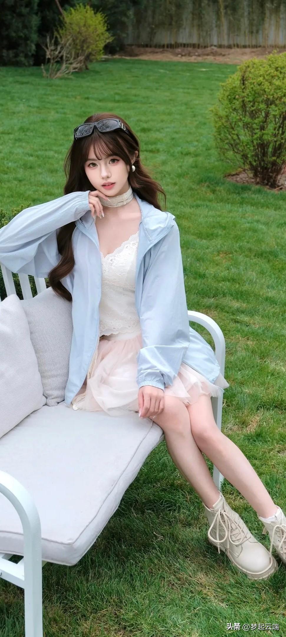 绿草如茵映碧空，美人倚椅思无穷。