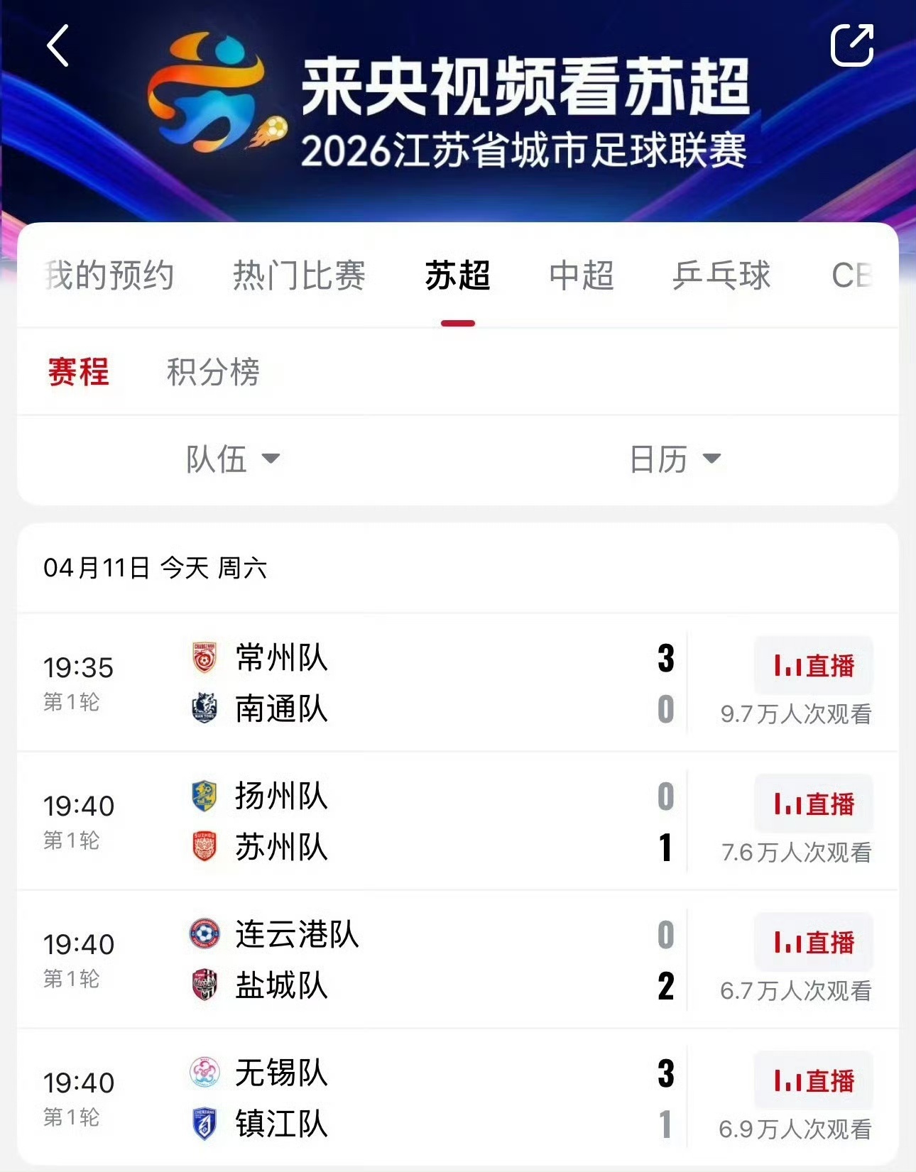 今晚2026苏超联赛揭幕战比赛正式打响。今晚比赛的4支球队分别是南通vs常州，连