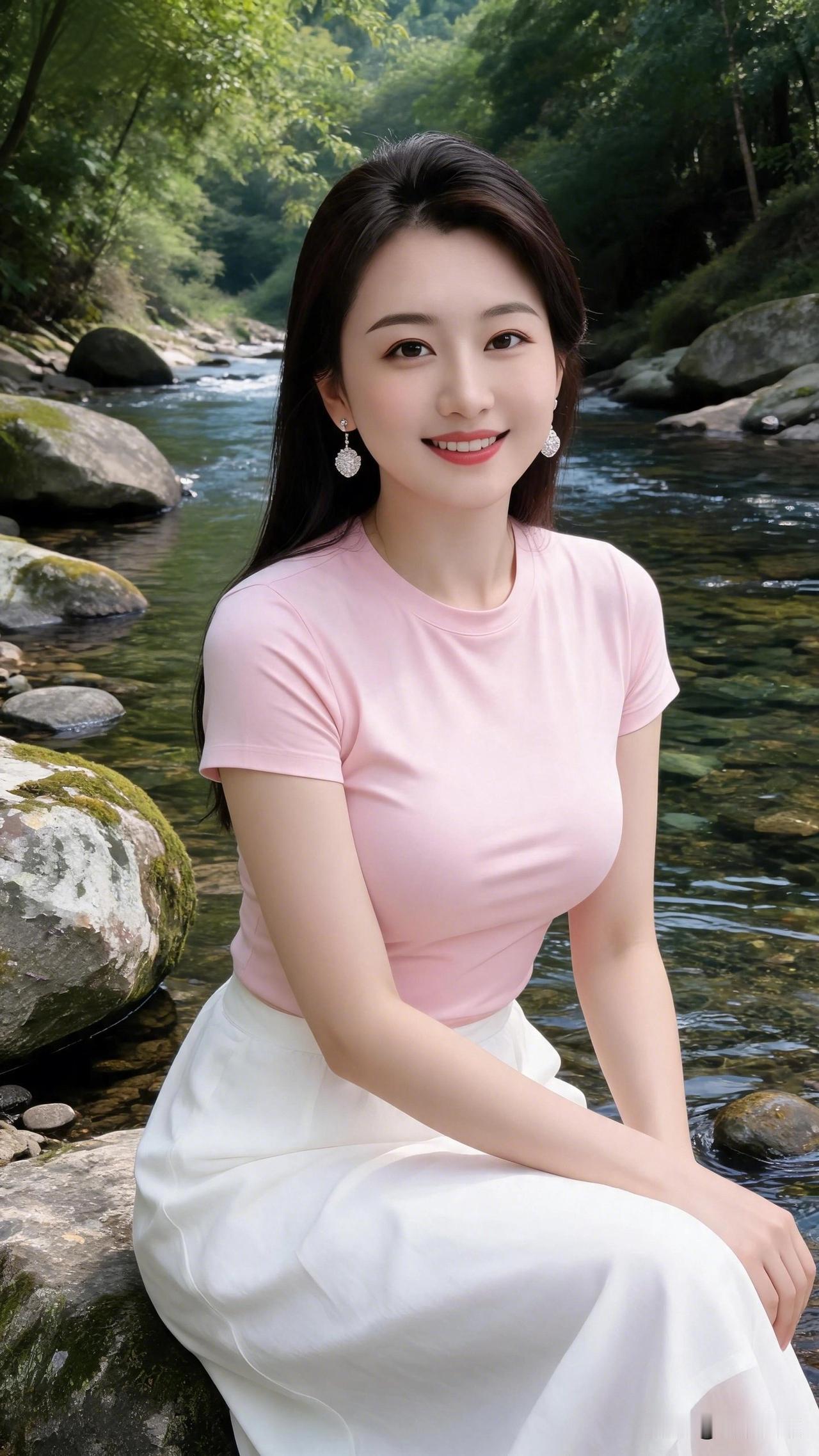 山间溪流清风拂面，浅粉上衣搭配白裙，简单清爽的穿搭融入山野之间，享受大自然带来的