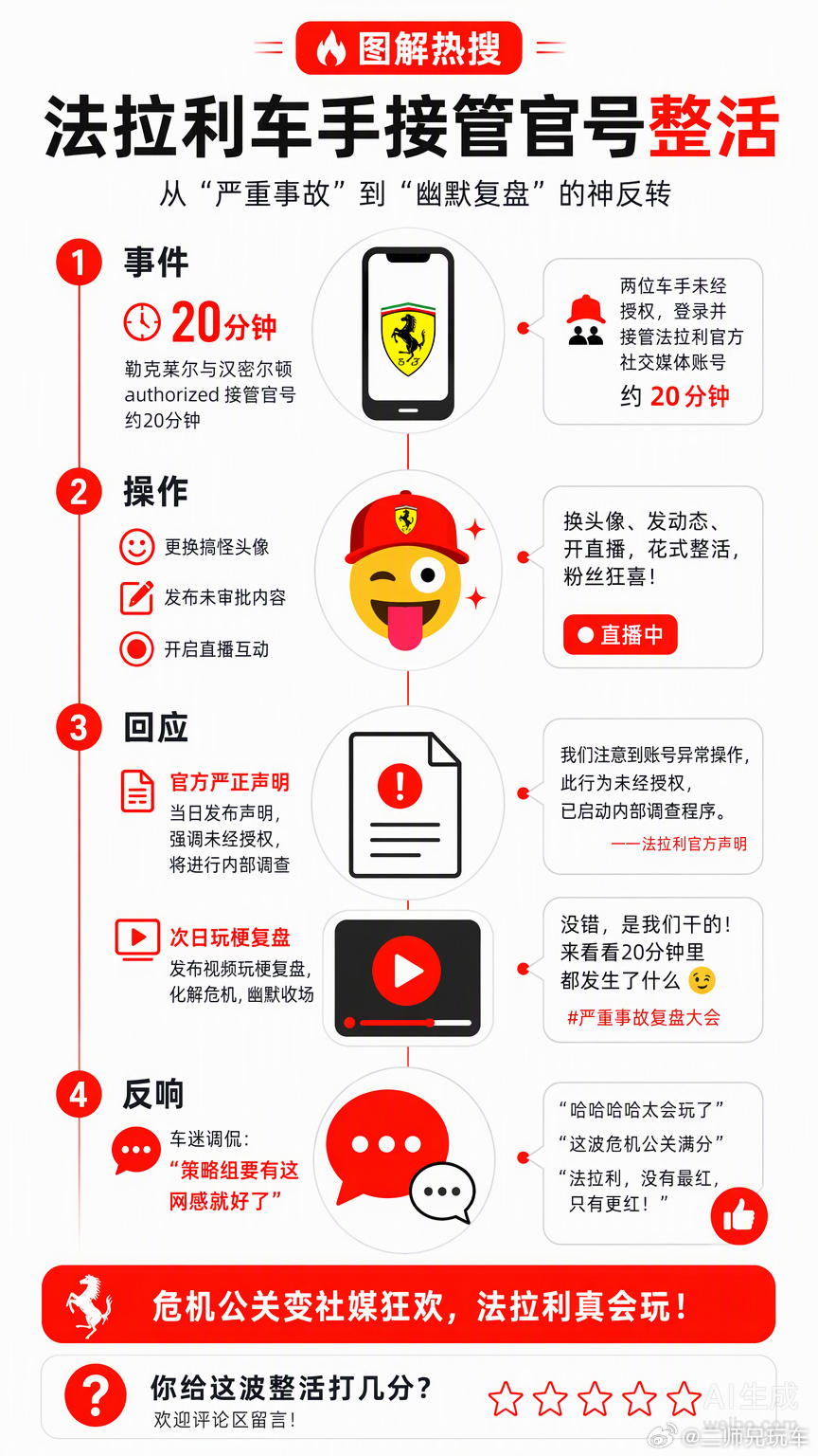 法拉利这波操作真是把“整活”玩明白了。前脚刚发声明说车手未经授权接管账号，搞得像