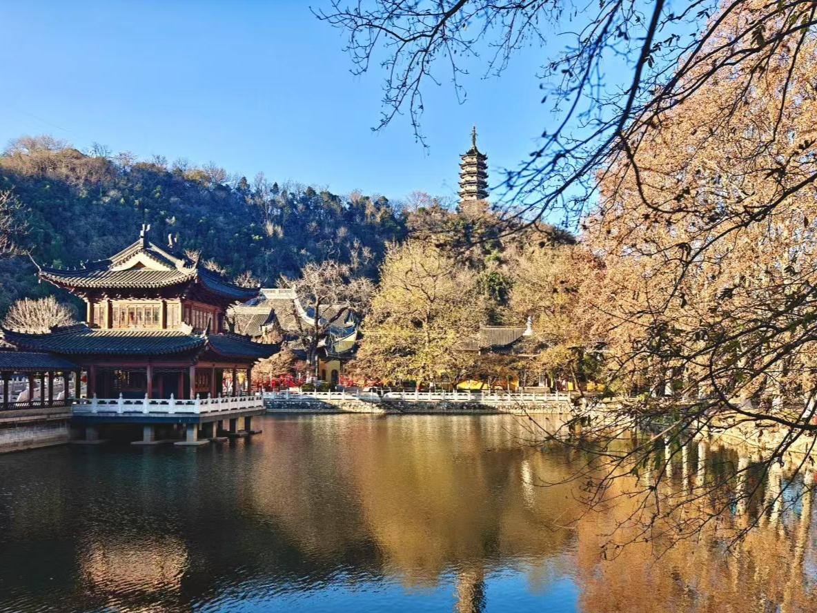 🍂水色揉着亭台的轮廓，远山与塔在蓝天的画框里静立，风掠过枝桠时，仿佛听见岁月与