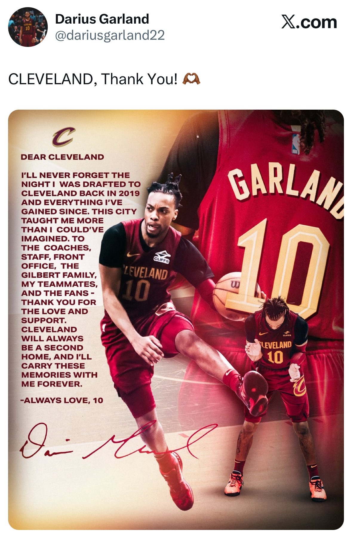 加兰短文告别，致克利夫兰：我永远不会忘记2019年被克利夫兰选中的那个夜晚，以及