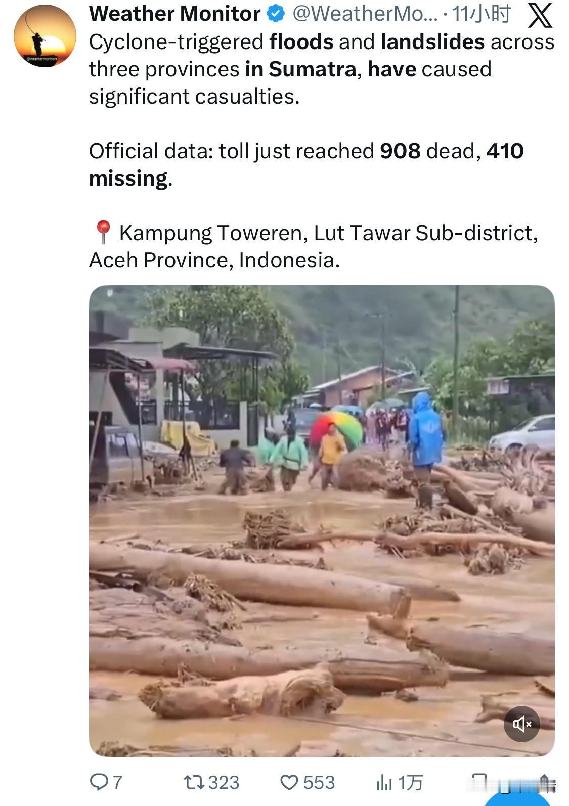 印度尼西亚灾害管理机构更新的水灾死亡人数数据显示，苏门答腊岛遭受的毁灭性洪水和山